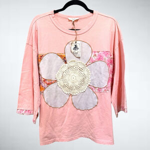 Easel Oversized Crochet Floral Patch 100% Cotton Top in Coral Pink Size S